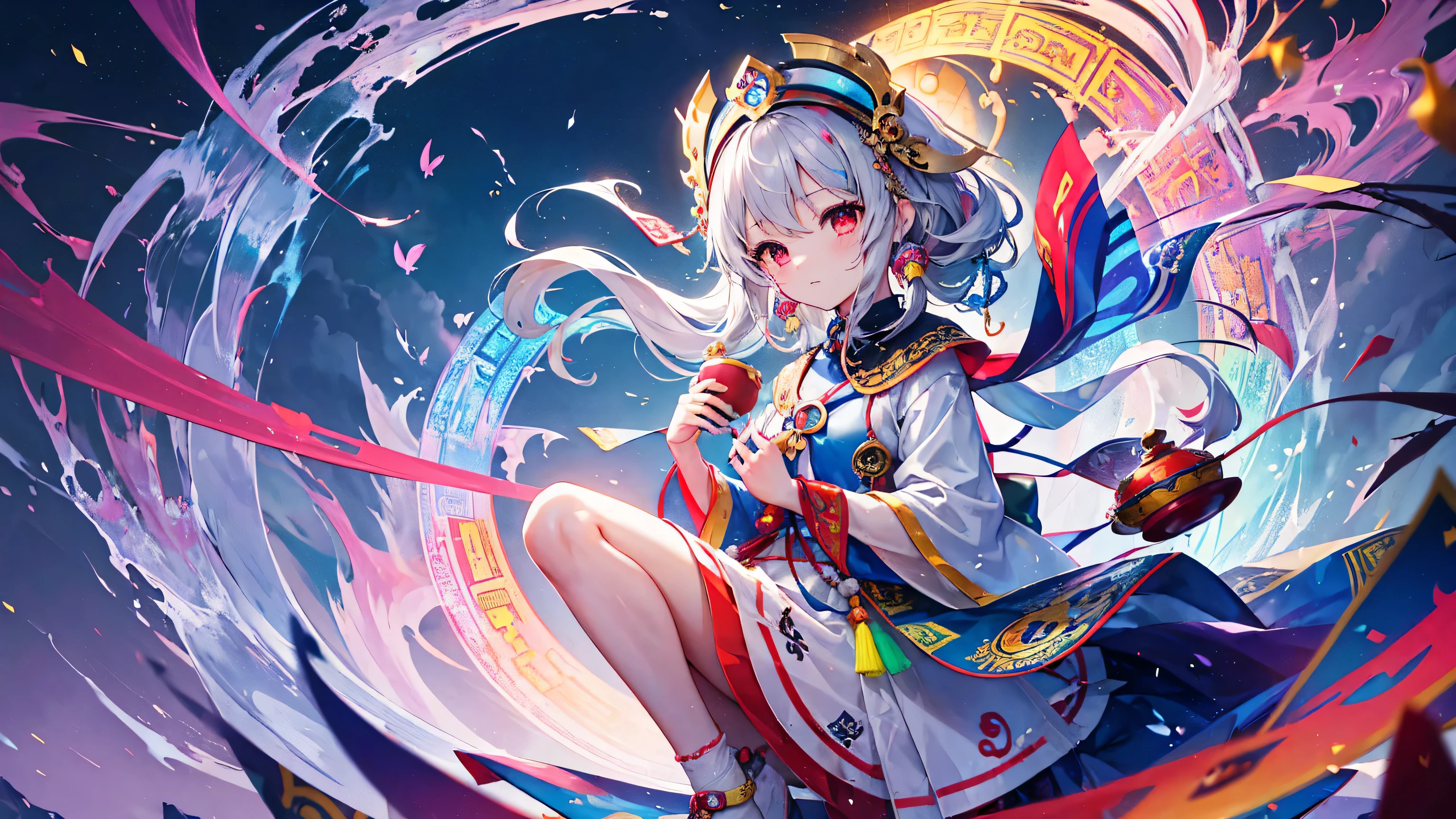 (masterpiece, highest quality), (colorful:1.4), From above, alone, In the courtyard of a Tibetan monastery、A young girl stands holding a bag containing prayer flags and singing bowls fluttering in the wind, Depth of written boundary, Fisheye Lens、Gray Hair,Red eyes,uniform, Thin legs,Completely naked、fox、shrine maiden costume、shrine
