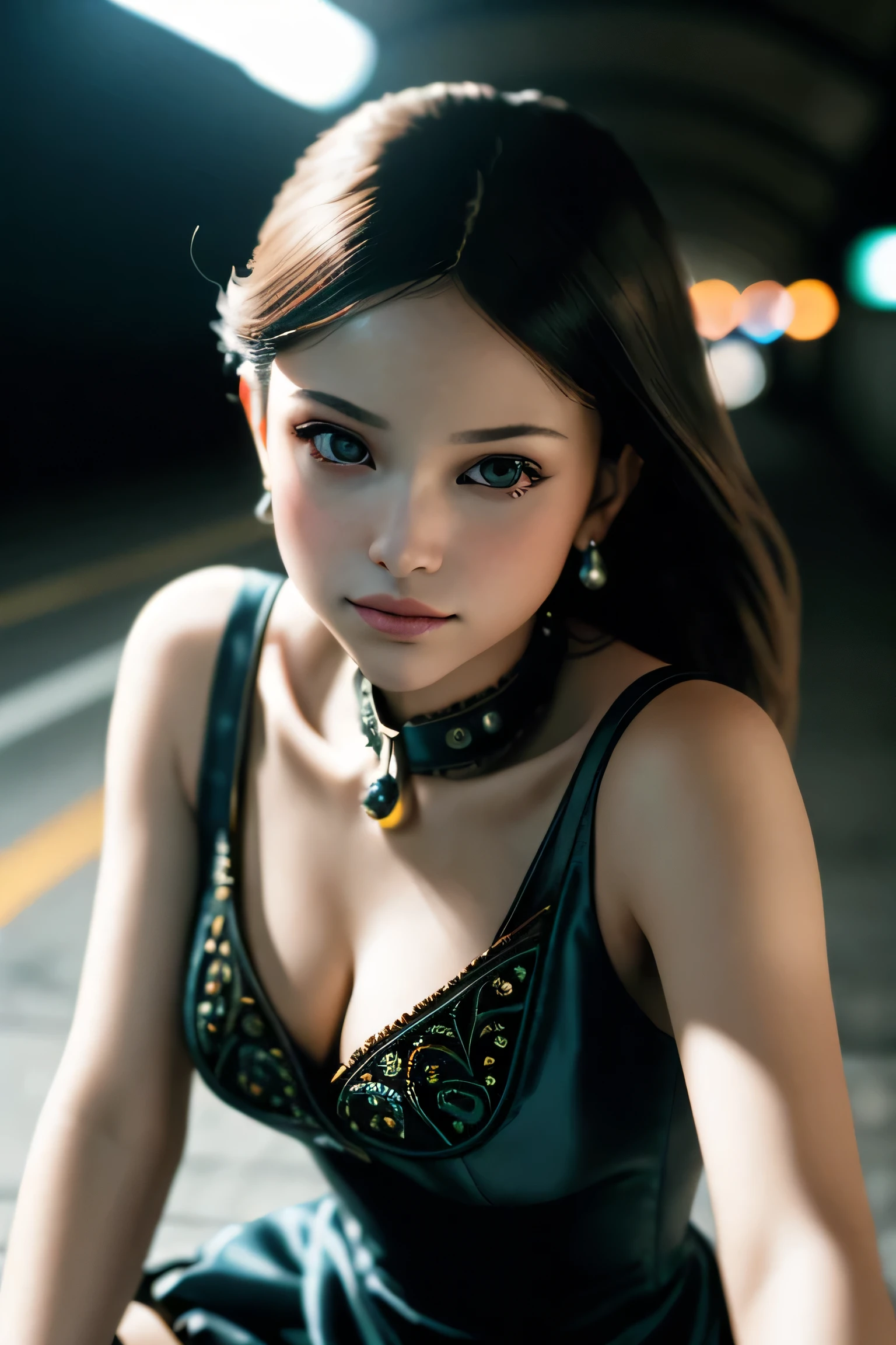 (masterpiece), (extremely intricate:1.3), (realistic), a girl, (punk, new wave), (dynamic perspective), dynamic angle, the most beautiful in the world, (slouching on the floor), chic dress, smirk, tunnel, Aomori, Haifa, professional photograph of a stunning woman detailed, sharp focus, dramatic, award winning, cinematic lighting, octane render unreal engine, volumetrics dtx, (film grain, blurry background, blurry foreground, bokeh, depth of field)