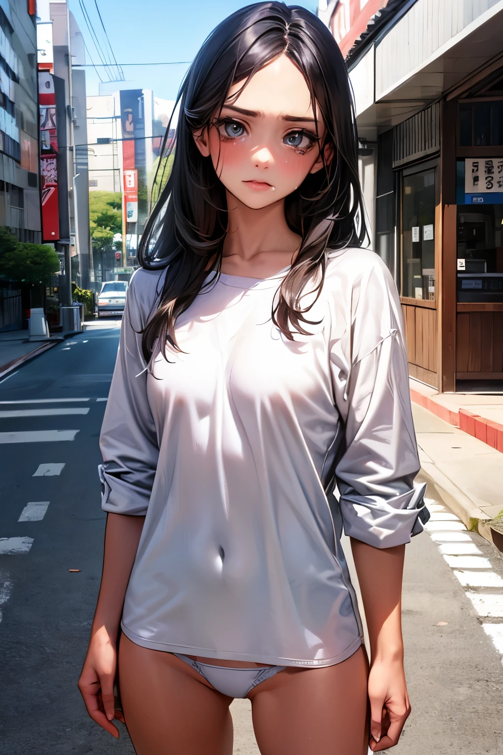((perfect anatomy,realistic:1.3,RAW Photography:1.3,masterpiece、highest quality、Ultra - High resolution、High resolution、Highly detailed CG、8K)),cowboy shot,1 female,solo,18-year-old、high school girl,18-year-oldの美女,Japanese,((beautiful detailed face and eyes:1.3,big gorgeous eyes:1.3,gray eyes)),black hair,long bob hair,(center parted hair,forehead),shy,shy,tears,(medium breasts,slender body,small head:1.3,skinny),((oily skin)),(gleaming skin,shiny skin),(white oversized shirt,Bare legs、Sneakers),White panties,standing,on street,Tokyo、