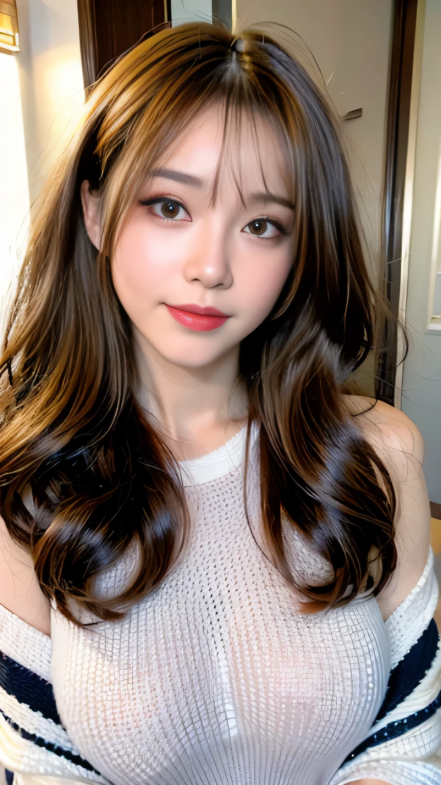Full Body Angle、((highest quality, 8K, masterpiece: 1.3)), concentrated: 1.2, Cute girl 1,nipples erect、Braless walk、 Perfect beauty: 1.4,Striped drop shoulder sweater: 1.2,Long sleeve、randal color、comics&Text Graphics、Black ruffle-trimmed drawstring zip blouse,1.1, Highly detailed face and skin textures, Fine grain, double eyelid, whitening skin, ,highest quality,Ultra-high resolution,you,1 girl,alone,_Shiny_skin,Iris,necklace,((Brown_length_Wavy_hair)),(lips)),eyelash,Front hair,deal with,compensate,Shiny,pore,skin texture,big breasts、smiling face、living、