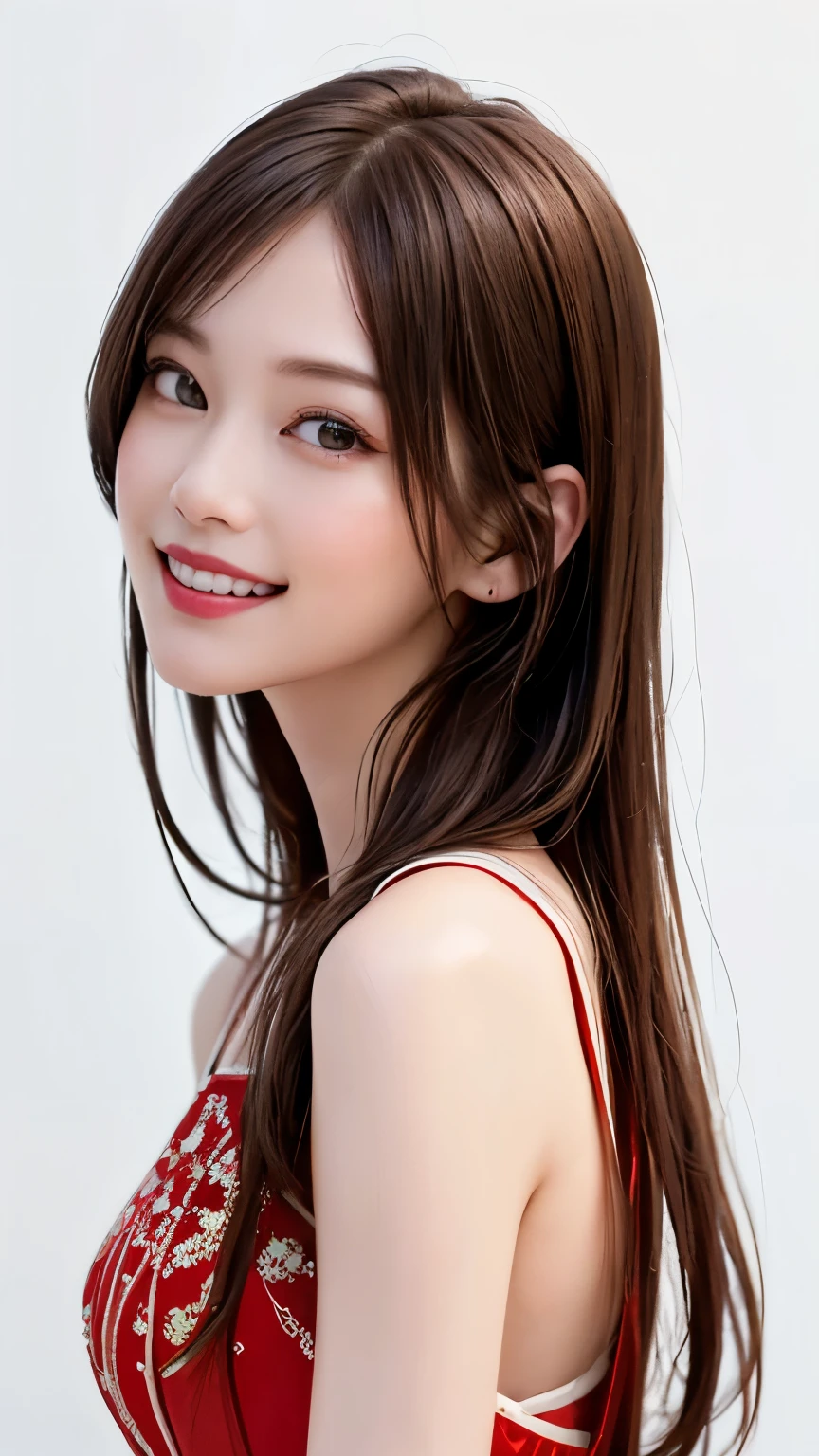 (highest quality、8k、32k、masterpiece)、(Realistic)、(Photorealistic:1.2)、(High resolution)、Very detailed、Very beautiful face and eyes、1 girl、Round and small face、Narrow waist、Delicate body、(close、highest quality、Attention to detail、Rich skin detail)、(highest quality、8k、Oil paint:1.2)、Very detailed、(Realistic、Realistic:1.37)、Bright colors、(((brown hair)))、(((Bust Shot)))、(((Long Hair)))、(((Pure white wall background)))、(((Pure white wall background)))、(((smile)))、(((Dressed as a courtesan)))、(((Look straight ahead)))、(((brown hair)))、(((looks fun)))、(((Teeth are visible)))、(((Wearing courtesan clothes)))、