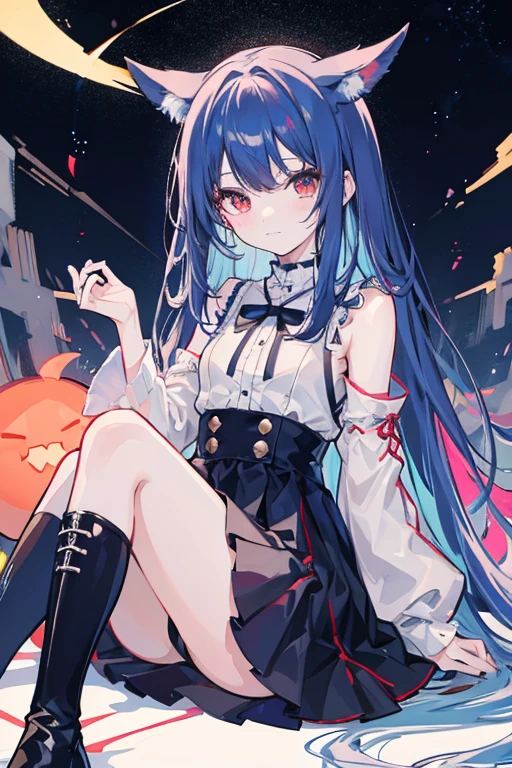 anime, anime style,One girl, masterpiece, high quality, (暗い blue hair), (Straight hair), (I have long hair, Red eyes, ((Detail Face)), At night, Night Sky, A small smile, mini skirt、Black boots, Black and white dress,White Hole