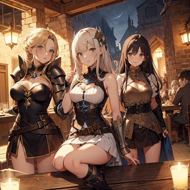 A group of  female medieval fantasy adventurers, (in tavern), various hair styles, harem, night, details face, short skirt, seducing, sleeveless, armor