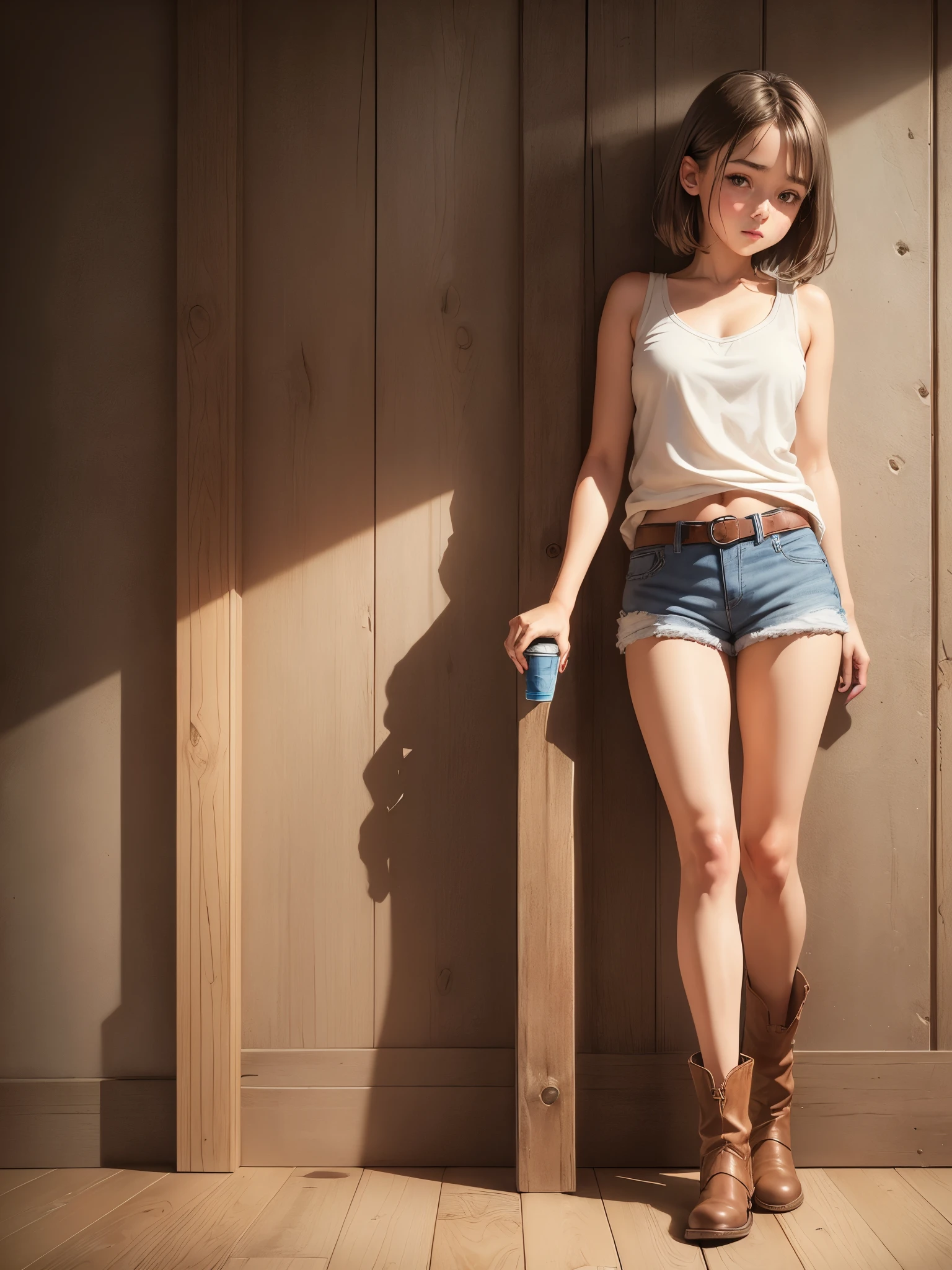 one person,(highest quality, Very detailed, Photorealistic:1.2,((Above the knee shot)),(Standing and leaning against a wall),(((Being drunk))),((Small eyes)),(((1 cute and sexy ager))), brown hair,Short Hair,Small breasts, ((White sleeveless shirt))blue((Short denim hot pants)), Belted,Exposed upper arms,exposing the navel,((Silver watch)), Brown leather western short boots,Moderate:Pencil sketch, Grainy, Vibrant colors, Dim lighting, Night indoor scene, Warm Tones,Wooden wall