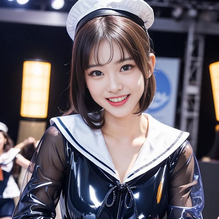 A young and beautiful woman、very beautiful、Top Idol、(Concert)、Euphoric look、smile、sweating、((Tight semi-transparent latex sailor suit:1.45))、(ribbon、Sailor Hat)、Dance hard、Hair is moving、Spotlight、View your viewers、