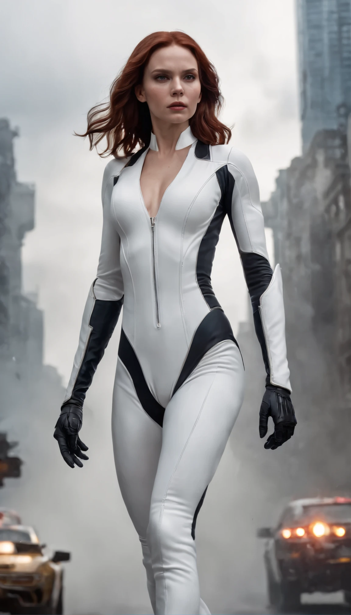 A realistic statue of the thoughtful and courageous Black Widow、(((Dressed in a sleek white bodysuit、)))Against a moody and foggy background、Get ready for battle with high resolution images。The intricate details of her armor and weaponry、reflecting her determination and resilience、Shining under the dazzling light。With this ultra-realistic 8K expression、She prepares to engage in epic battles against the toughest foes in the Dark Knight's gritty world。Mostly cloudy skies overhead、The dramatic atmosphere of the two clashing、Sharp features、Agile movements captured in amazing detail。Marvel Studios universe