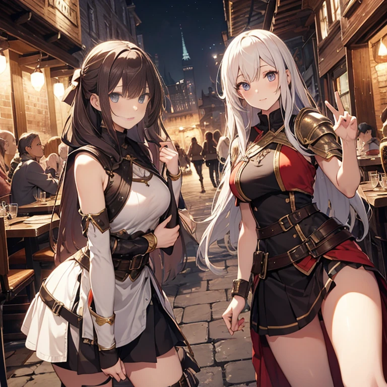 A group of  female medieval fantasy adventurers, (in tavern), various hair styles, harem, night, details face, short skirt, seducing, sleeveless, armor