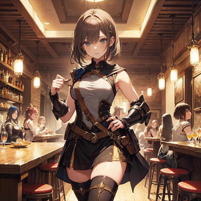 A group of female medieval fantasy adventurers, (in tavern), various hair styles, harem, night, details face, short skirt, seducing, sleeveless, armor
