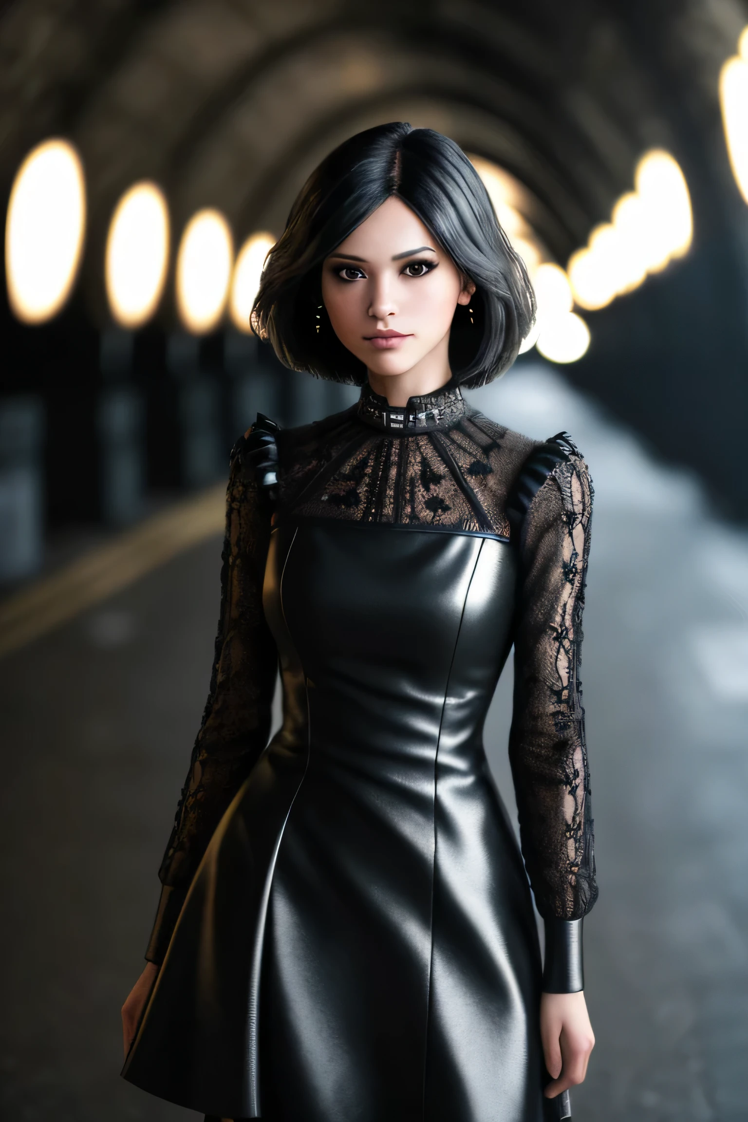 (masterpiece), (extremely intricate:1.3), (realistic), a girl, (punk, new wave), (dynamic perspective), dynamic angle, the most beautiful in the world, chic dress, smirk, tunnel, Aomori, Haifa, professional photograph of a stunning woman detailed, sharp focus, dramatic, award winning, cinematic lighting, octane render unreal engine, volumetrics dtx, (film grain, blurry background, blurry foreground, bokeh, depth of field)