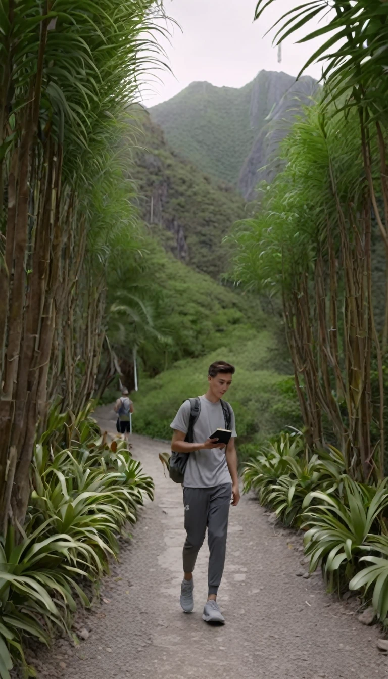 In golden spring,A 25-year-old young man,exploration ,Walk firmly on the mountain path,In the distance are high mountain peaks,Wearing gray sportswear,holding notes books and phone, wearing desert shoe, On both sides of the road are lush tropical trees,some dendrobium orchids on trees,high resolution,8k ,high quality photo,Sony SLR,Faraway view, evening scenary, detail on face and body features