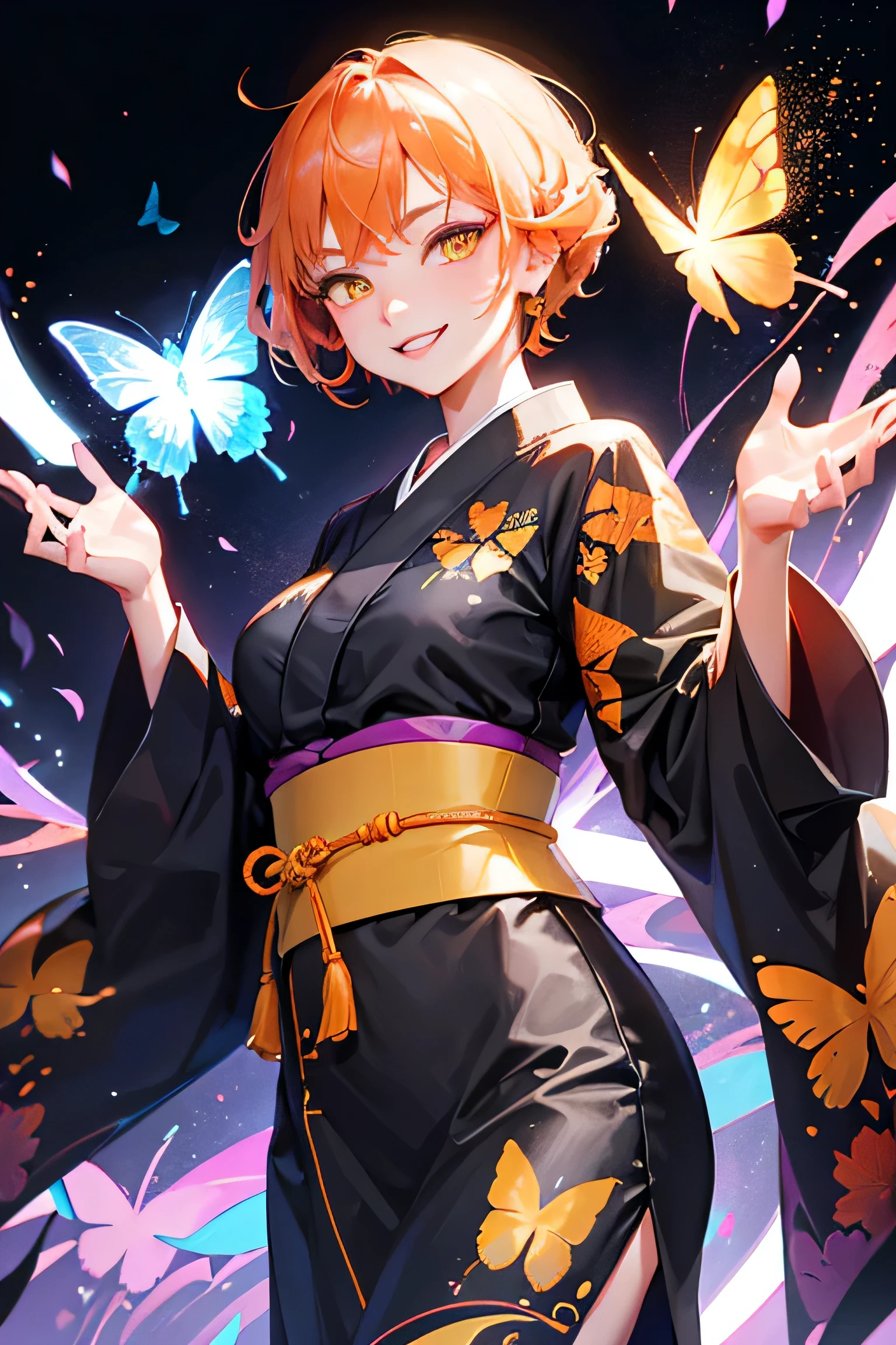 A cool adult woman wearing a kimono with a butterfly pattern on a black background、Orange brown short hair、1 person、Yellow Eyes、Gloss、Fight、Lively、Urban background、Grinning face、Bold Pose、Hands open、beauty、Superb、cool、Sidelong glance