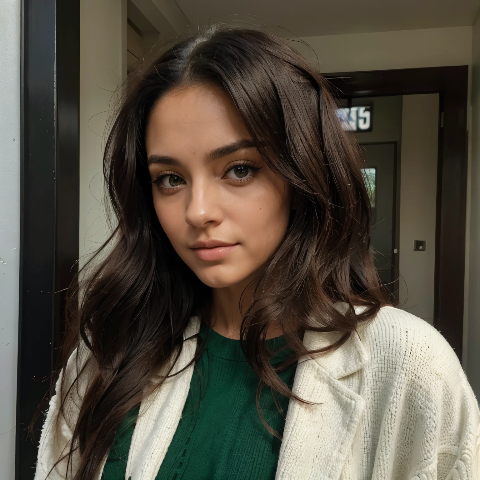 Una mujer linda con cabello negro y los ojos de color verde esmeralda y con una chaqueta de cuero con capucha de color negro