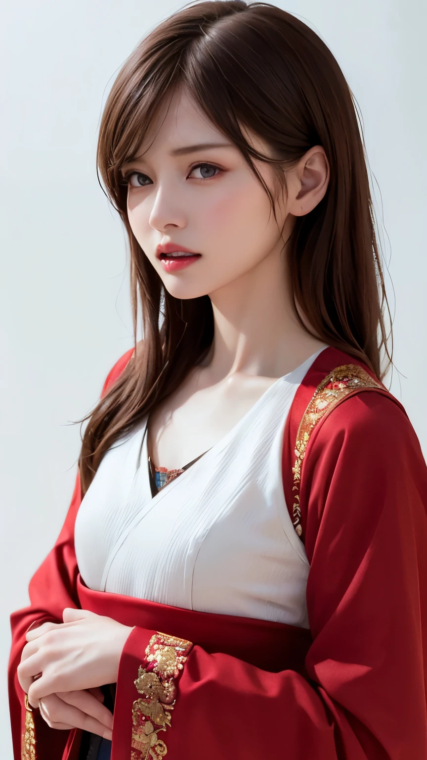 (highest quality、8k、32k、masterpiece)、(Realistic)、(Photorealistic:1.2)、(High resolution)、Very detailed、Very beautiful face and eyes、1 girl、Round and small face、Narrow waist、Delicate body、(close、highest quality、Attention to detail、Rich skin detail)、(highest quality、8k、Oil paint:1.2)、Very detailed、(Realistic、Realistic:1.37)、Bright colors、(((brown hair)))、(((Bust Shot)))、(((Long Hair)))、(((Pure white wall background)))、(((Pure white wall background)))、(((arms crossed in front of chest)))、(((Dressed as a courtesan)))、(((Look straight ahead)))、(((anger)))、(((Angry)))、(((Teeth are visible)))、(((Wearing courtesan clothes)))、