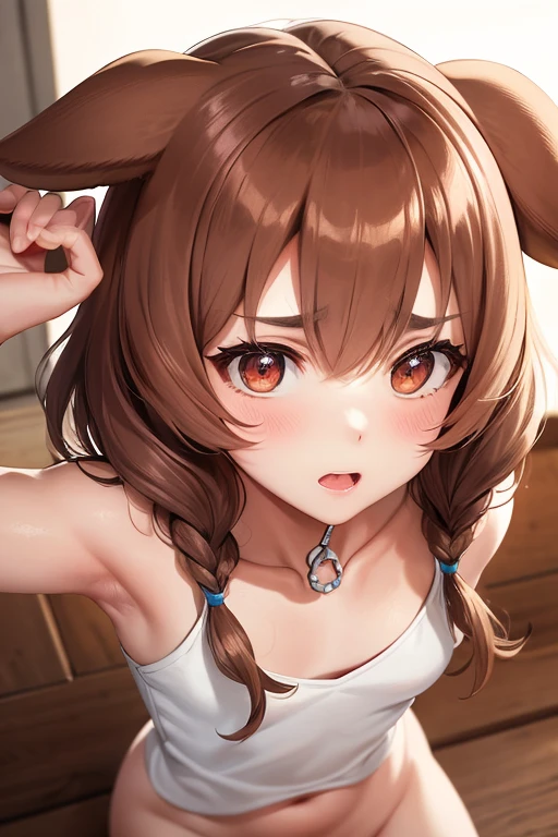 highest quality, High resolution, from above, Looking up, Open your mouth, Cavalier dog ears, brown hair, White bone-shaped hairpin, Glowing Skin, naked, clavicle, Sparkling eyes, blush, Abdominal muscles, sharp focus, moody lighting, night