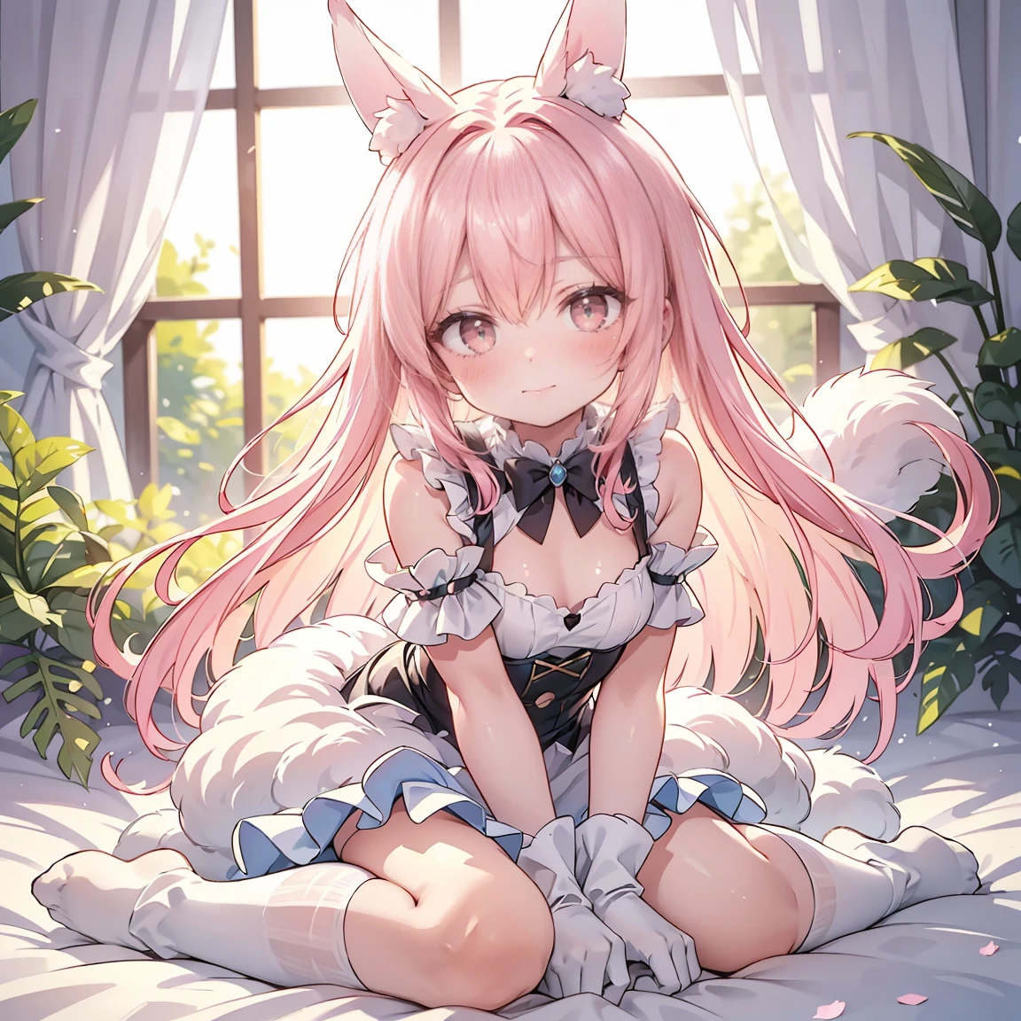 Furry pink animal ears adorn this adorable character，This 8k HDR image is rendered in the best quality。She is petite and delicate，Kneeling on the bed, watery eyes flickering，Melt hearts。She wore white stockings，adds to their innocent charm in the two-dimensional world。