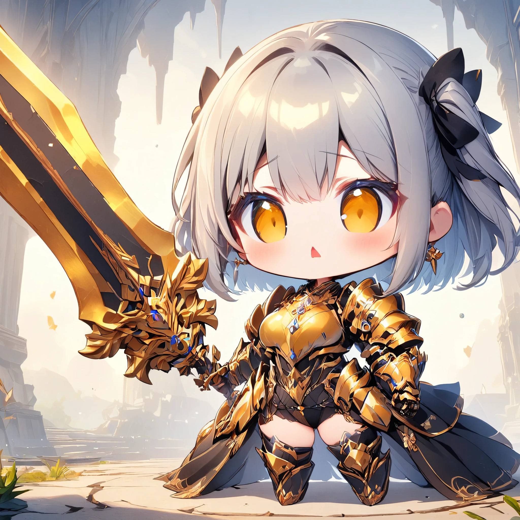 UHD,16K,SOLO,1 cute girl,chibi,holding a greatsword,wearing golden armor