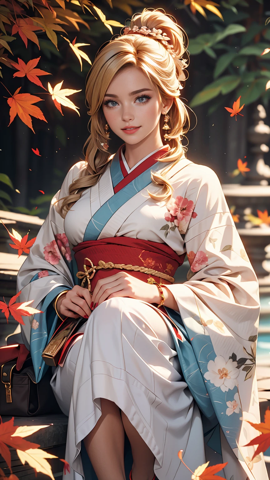 ((最high quality, 8K, masterpiece: 1.3, Ultra HD, high quality, 最high quality, High resolution, realism)) 、A 22-year-old extremely beautiful white woman、Hair color blonde、blue eyeedium Hair、Straight Hair、smile、Slender but well-proportioned body、Background blur((depth of field))、Aerial perspective((atmospheric perspective))、I want my head to stay off screen、Put an anklet on your ankle、Wearing red nail polish、I have a peticure、Make a chignon、kimono、autumn leaves