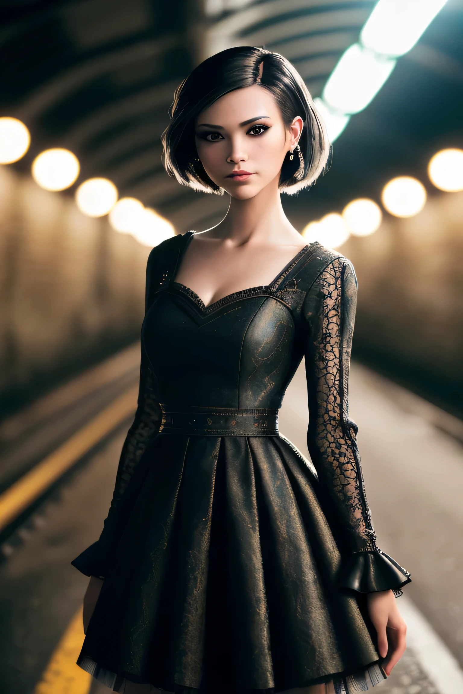 (masterpiece), (extremely intricate:1.3), (realistic), a girl, (punk, new wave), (dynamic perspective), dynamic angle, the most beautiful in the world, chic dress, smirk, tunnel, Aomori, Haifa, professional photograph of a stunning woman detailed, sharp focus, dramatic, award winning, cinematic lighting, octane render unreal engine, volumetrics dtx, (film grain, blurry background, blurry foreground, bokeh, depth of field)