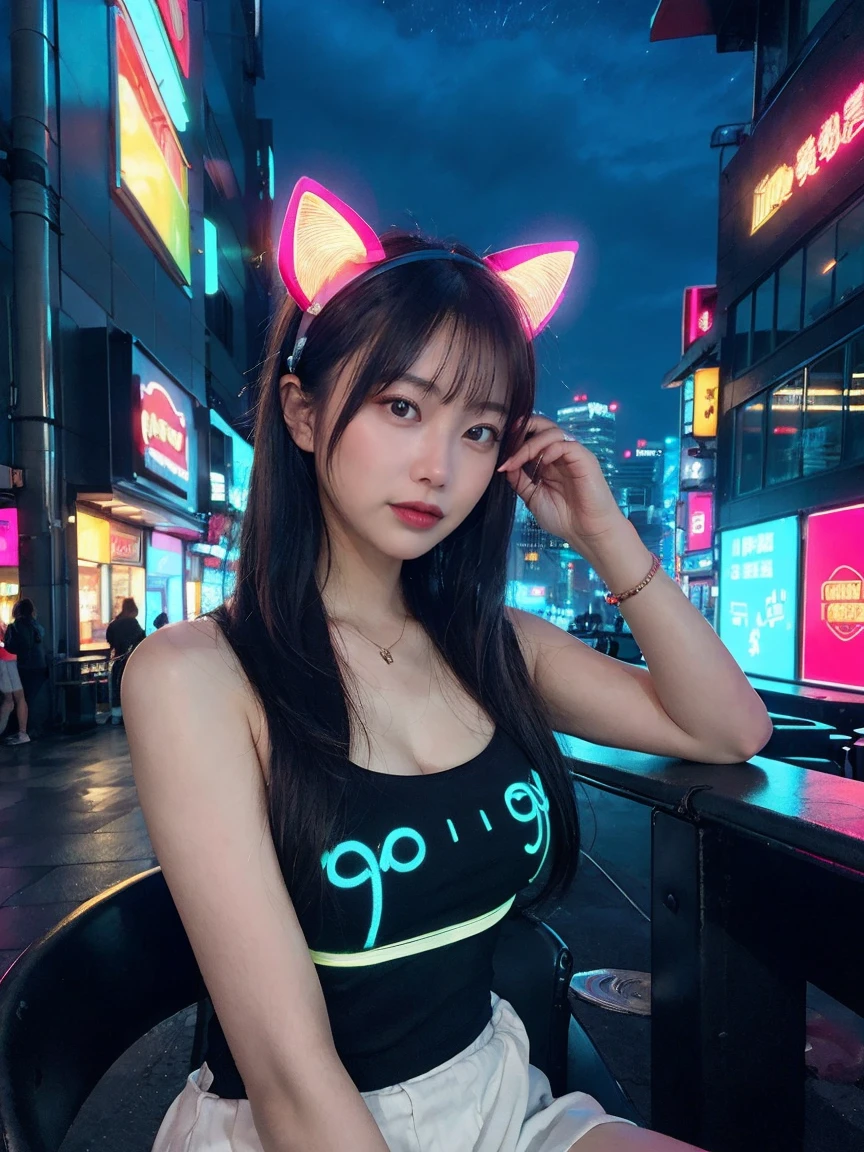 最high quality, masterpiece, 32k、Super detailed、realistic、1 girl, japanese woman、cute face, (photo actual:1.3), edge lighting, (high detail skin:1.2), 8K超High resolution, Single-lens reflex camera, high quality, High resolution, 4k, 8K, Optimal ratio of 4 fingers to 1 thumb, (actual:1.3), Green and blue neon cat ears headband、cute 1 girl, realistic、Super realistic、32k、Super detailed、masterpiece, 最high quality, beautiful girl, beauty、small breasts, Mecha, beautiful lighting, (neon light:1.2), (night:1.5), Cyberpunk Costume、sitting,Cyber Neon、future city、Skyscraper、City night、Shanghai、big city、night scene、Beautiful night scene