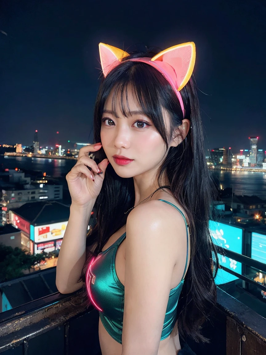 最high quality, masterpiece, 32k、Super detailed、realistic、1 girl, japanese woman、cute face, (photo actual:1.3), edge lighting, (high detail skin:1.2), 8K超High resolution, Single-lens reflex camera, high quality, High resolution, 4k, 8K, Optimal ratio of 4 fingers to 1 thumb, (actual:1.3), Green and blue neon cat ears headband、cute 1 girl, realistic、Super realistic、32k、Super detailed、masterpiece, 最high quality, beautiful girl, beauty、small breasts, Mecha, beautiful lighting, (neon light:1.2), (night:1.5), Cyberpunk Costume、sitting,Cyber Neon、future city、Skyscraper、City night、Shanghai、big city、night scene、Beautiful night scene