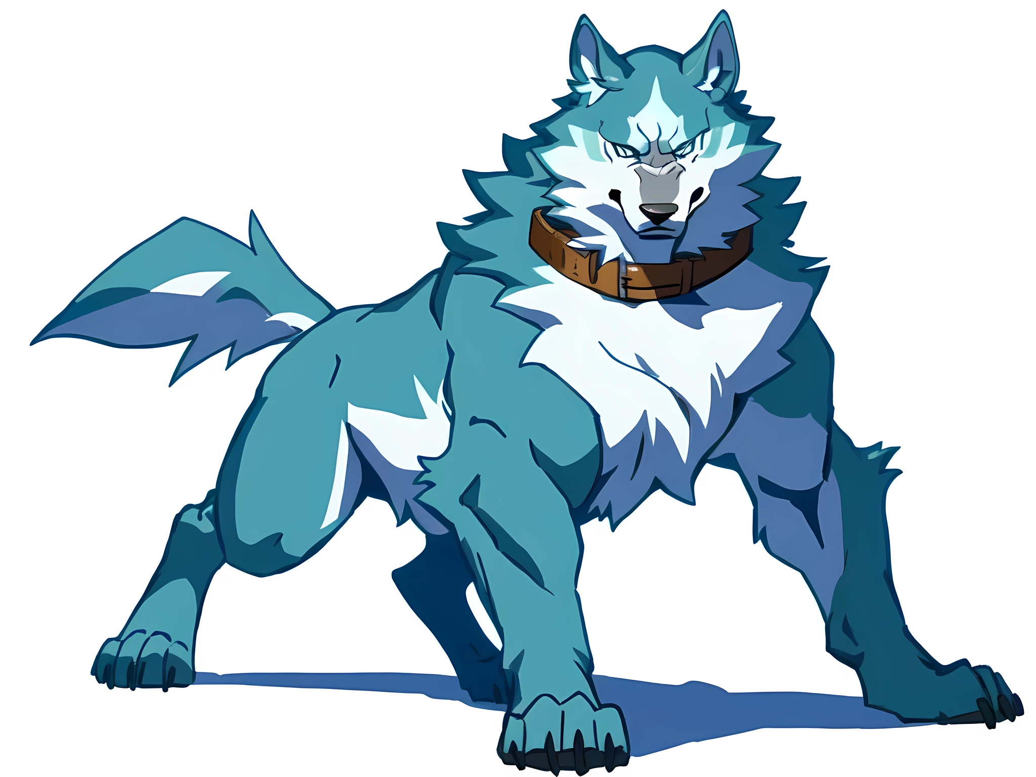 shirou_ogami, shirou_BNA, masculine, male, quadruped, feral, very muscular:2.0, heavyweight, very defined muscles:1.5, pectorals:2.0, muscular forelegs, muscular hindlegs, wide chest, muscular chest:2.0, negger style, taran fiddler style, detailed eyes, white background, proud, serious expression, full body, wolf feet, big collar,