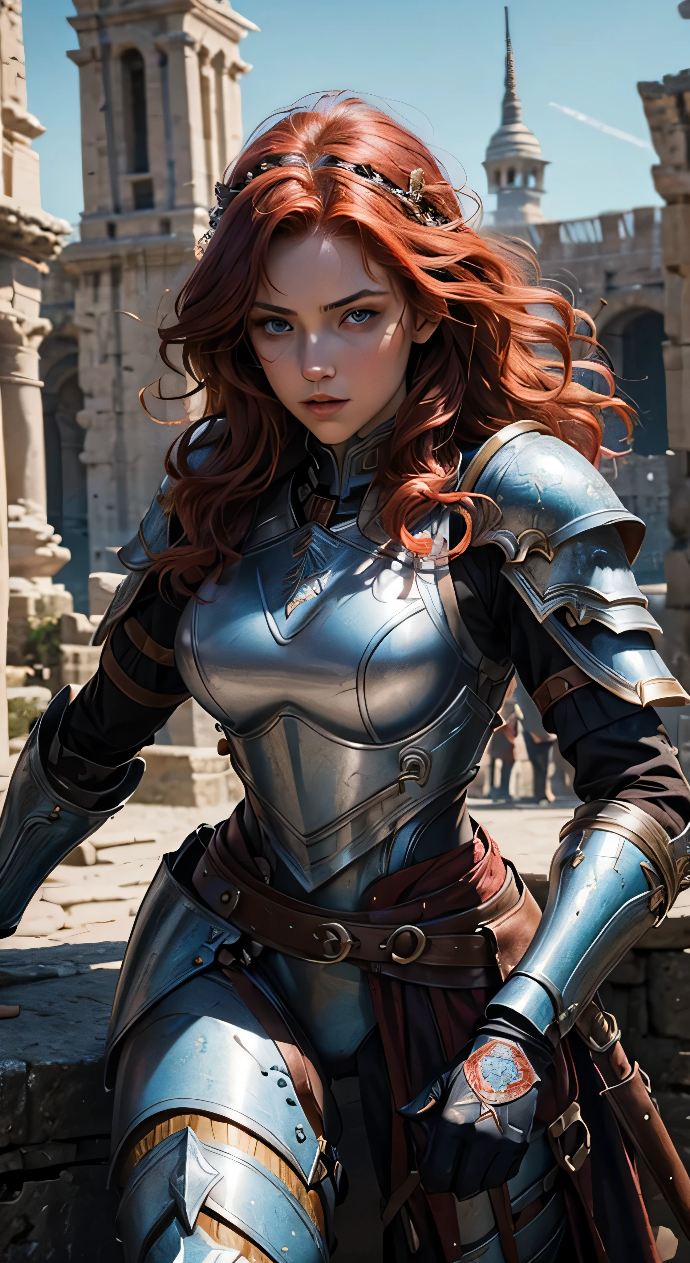1 woman, brave woman, 20 years old, solo focus, red wavy hair, fashion hair, light blue eyes, toned body, intricate paladin armor, battle poses, masterpiece, ultra HD, raw photos, detailed skin textures, detailed face, detailed hair, detailed crown, perfect hands, dynamic angle, highly detailed background, gladiator, colosseum, ancient rome