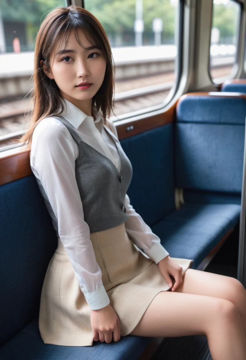 (Masterpiece, High Definition, Ultra High Definition, 4K), 19 years old Japanese female, lovely face, sexy, tall skinny body, tight short skirt with under panty revealed, sitting on the train seat