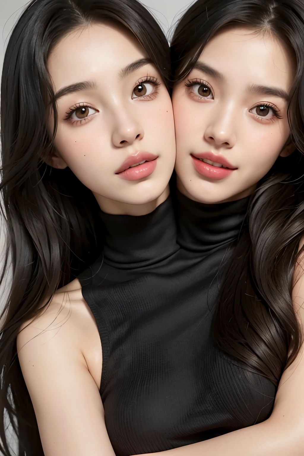 bestresolution, (2heads:1.2), korean, asian girls, blackpink, looking at viewer, two women are posing for a picture together in a studio, beautiful gemini twins portrait, beautiful gemini twins, beautiful highly symmetric faces, gorgeous faces, beautiful sci - fi twins, two girls, sisters, with a twin, photoshoot for skincare brand, beautiful faces, both smiling for the camera, two models in the frame, lana del rey and zoë kravitz