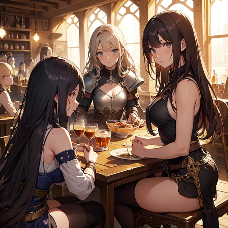 A group of female medieval fantasy adventurers, (in tavern), various hair styles, harem, night, details face, short skirt, seducing, sleeveless, armor