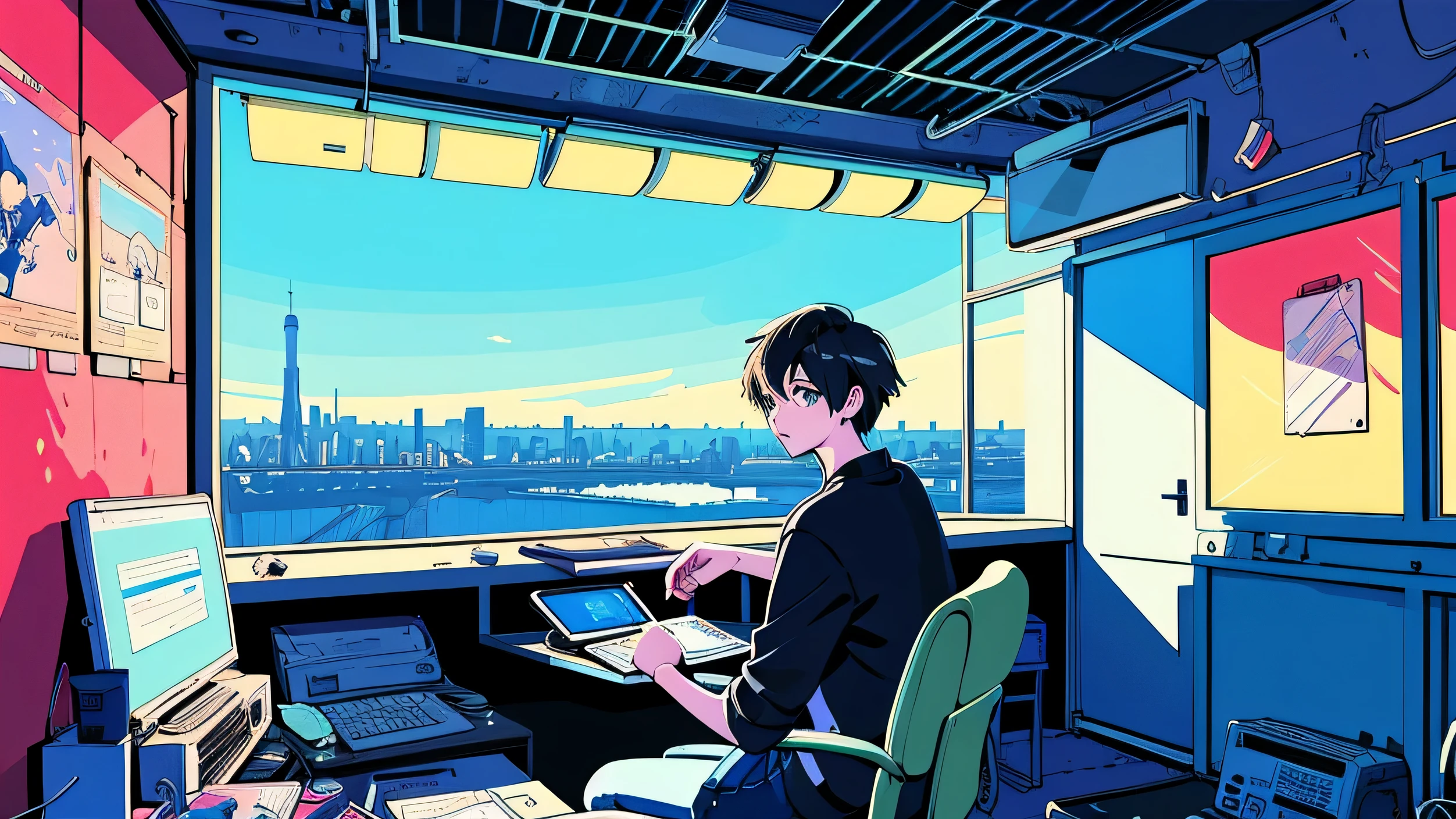 Anime man sitting at a table in front of a laptop, lo-fi Illustration Style, Digital anime illustration, Lofi Artstyle, Lofi Art, Lo-fi art, Portrait of Rofi, conrad roset and makoto shinkai, Illustration Style, Kilian Eng, Lo-fi feeling, In the style of Makoto Shinkai