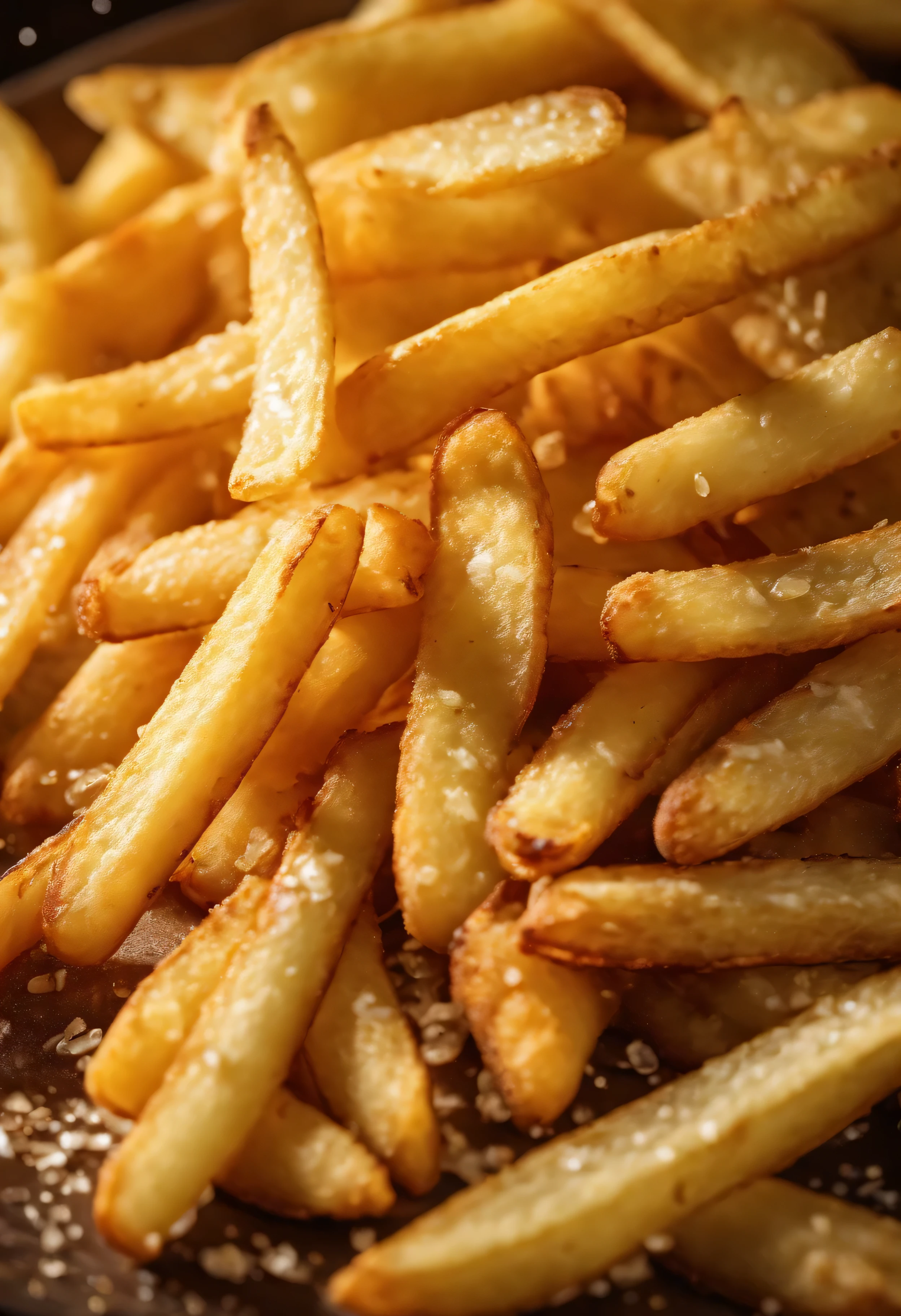 A plate of crispy, Golden French fries, The surface of the salt crystals sparkles, Capture the irresistible charm of this classic potato dish.