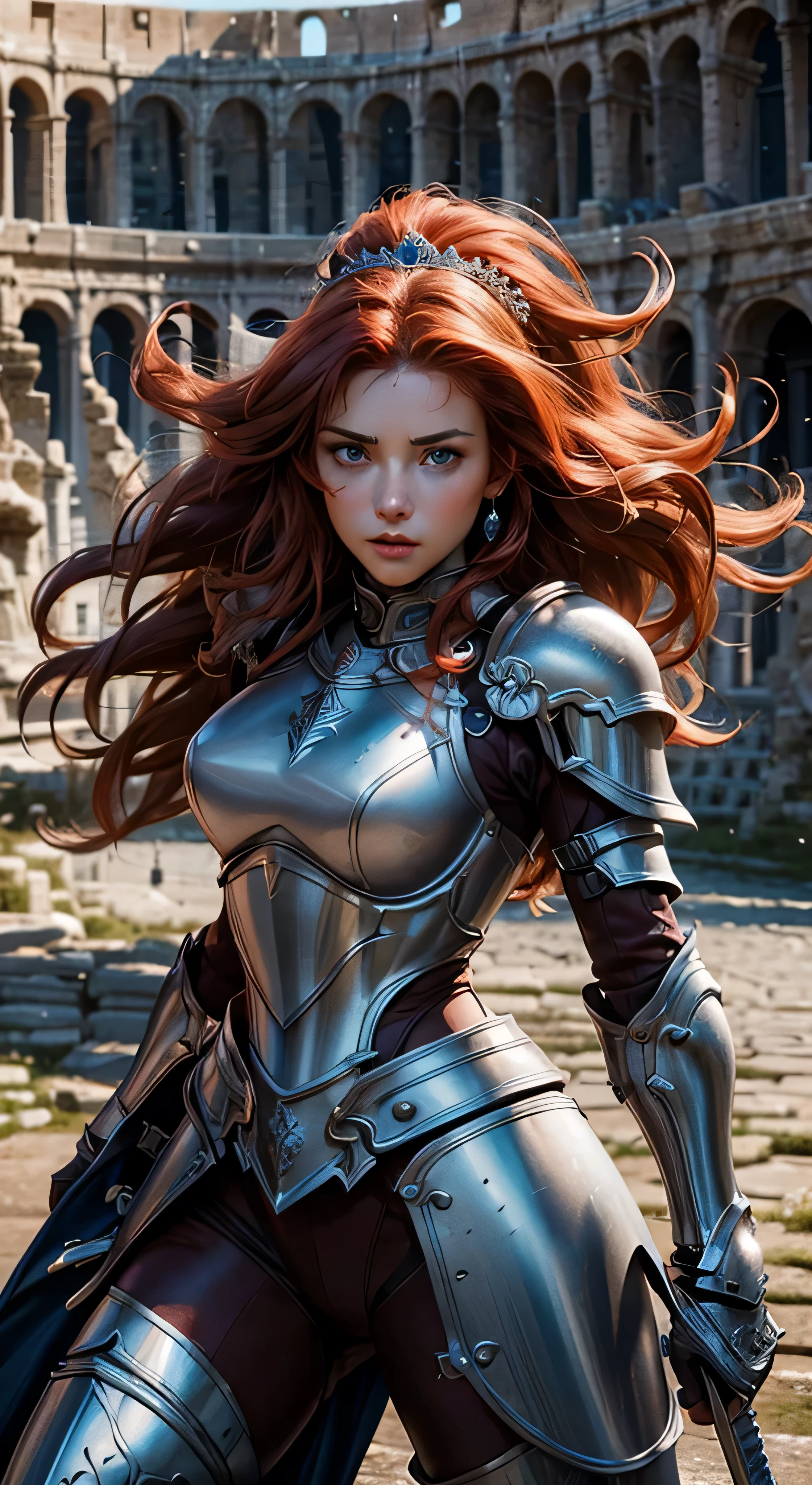 1 woman, brave woman, 20 years old, solo focus, red wavy hair, fashion hair, light blue eyes, toned body, intricate paladin armor, battle poses, masterpiece, ultra HD, raw photos, detailed skin textures, detailed face, detailed hair, detailed crown, perfect hands, dynamic angle, highly detailed background, gladiator, colosseum, ancient rome