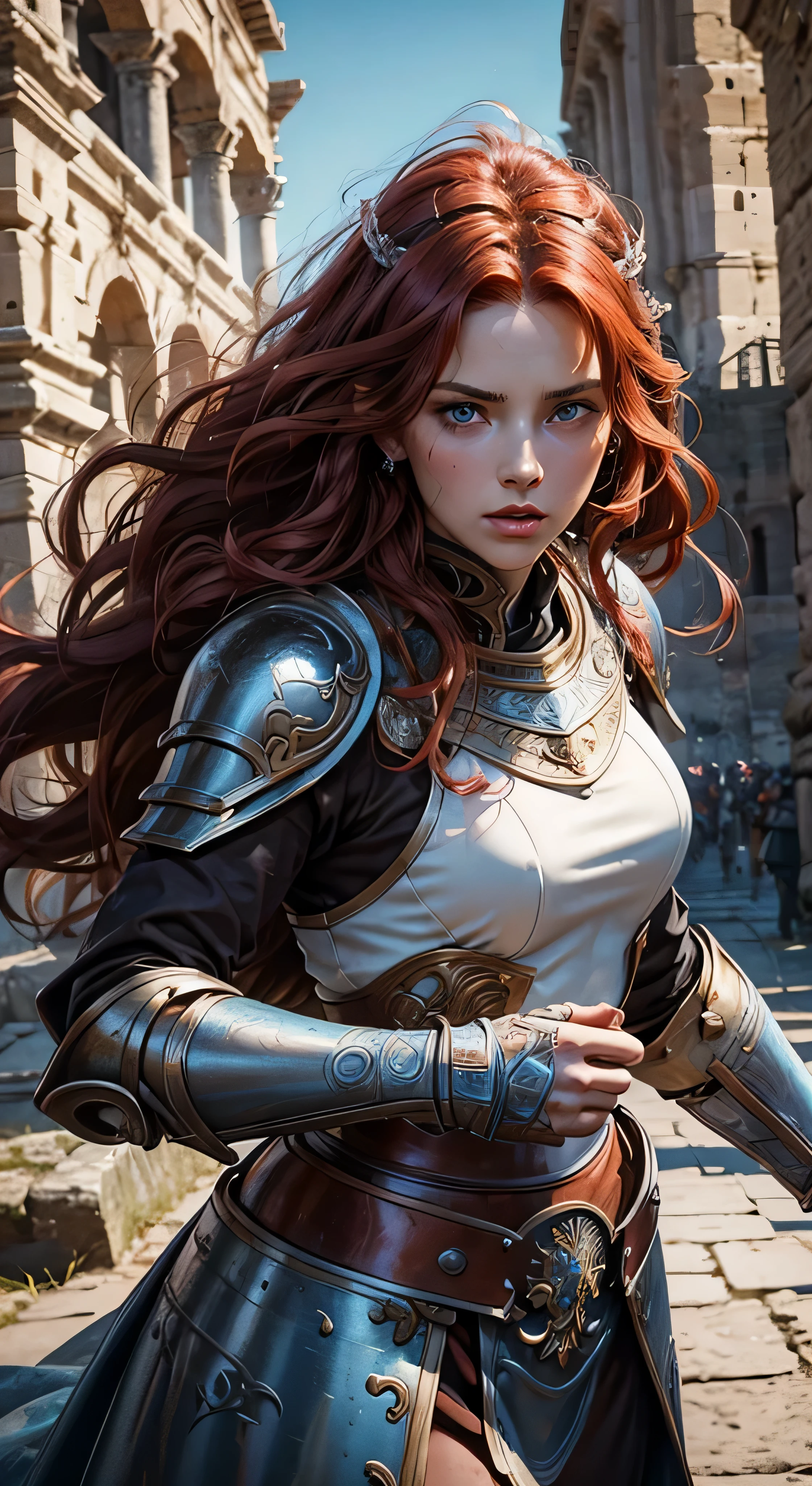1 woman, brave woman, 20 years old, solo focus, red wavy hair, fashion hair, light blue eyes, toned body, intricate paladin armor, battle poses, masterpiece, ultra HD, raw photos, detailed skin textures, detailed face, detailed hair, detailed crown, perfect hands, dynamic angle, highly detailed background, gladiator, colosseum, ancient rome
