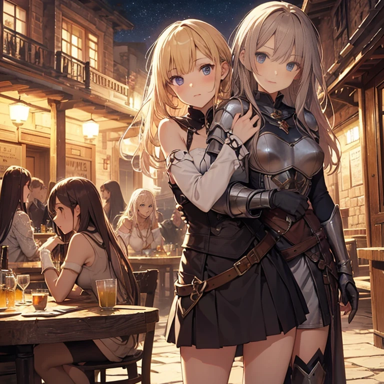 A group of female medieval fantasy adventurers, (in tavern), various hair styles, harem, night, details face, short skirt, seducing, sleeveless, armor