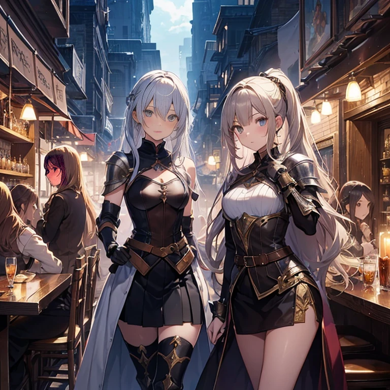A group of female medieval fantasy adventurers, (in tavern), various hair styles, harem, night, details face, short skirt, seducing, sleeveless, armor