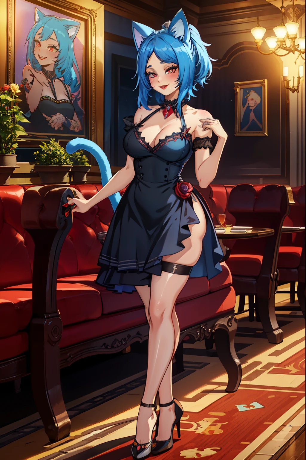 cat girl, blue hair, red eyes, cat ears, cat tail, (extremely detailed CG unity 4k wallpaper),(masterpiece),(best quality),(ultra-detailed),(best illustration),(best shadow),(absurdres),(detailed background), Smiling, fancy restaurant, red Lipstick, Eyeshadow, Black dress, high heels,