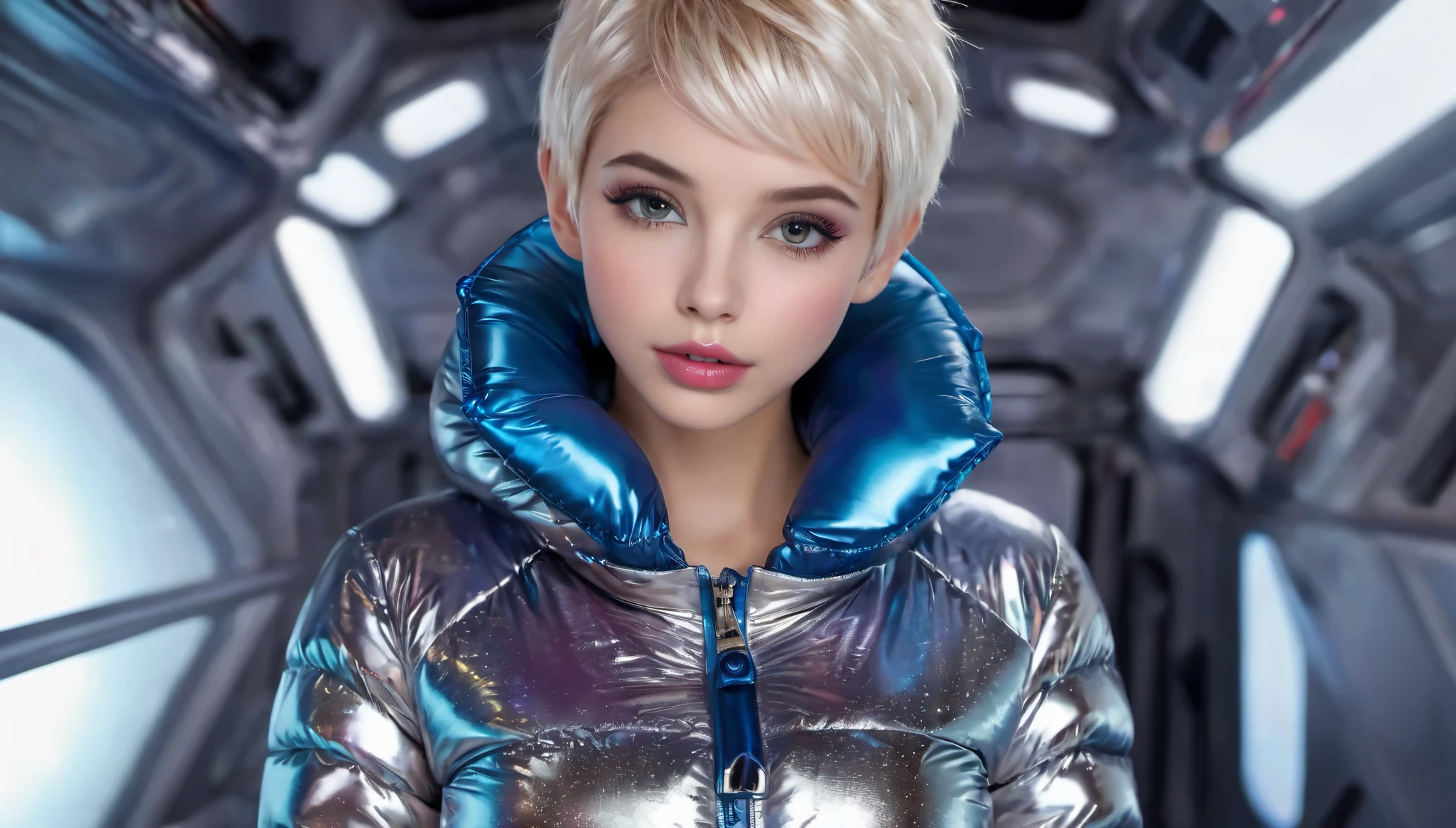 Masterpiece, Best Quality, ((two cute girls in open shiny puffer, no makeup, small perky breasts, extremely detailed face, beautiful detailed eyes, beautiful detailed lips, short colored pixie hair, small hips, fearfull expression, enticing, in a spaceship))