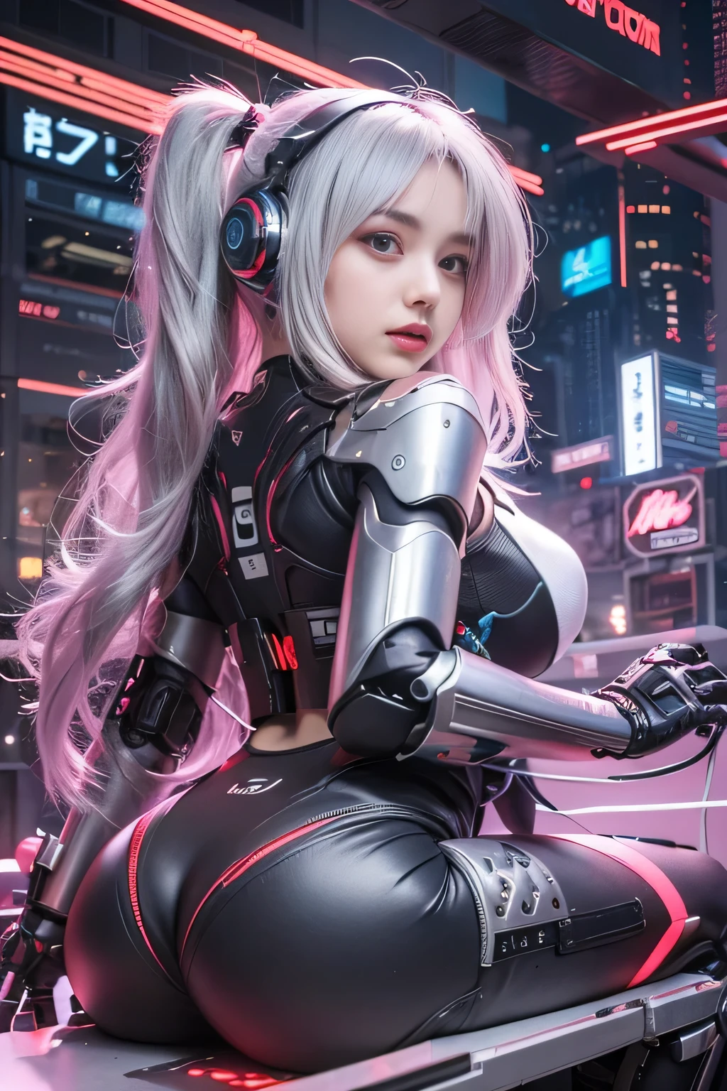 Beautiful girl with headphones sitting on a platform in a futuristic city, best 4k konachan wallpaper, girl in mecha cyber armor, cyberpunk girl mech, cute cyborg girl, cyberpunk girl, perfect android girl, digital cyberpunk art, cyber suit, manga robot!! girl, cyborg - girl with silver hair, digital cyberpunk -