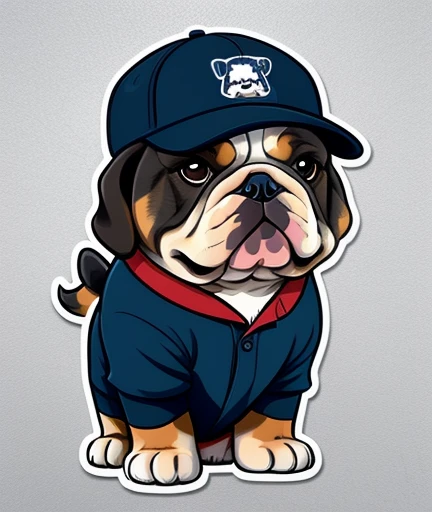 sticker, vector-art, cute cartoon of dog, Cute Bulldog wearing a baseball cap, logo