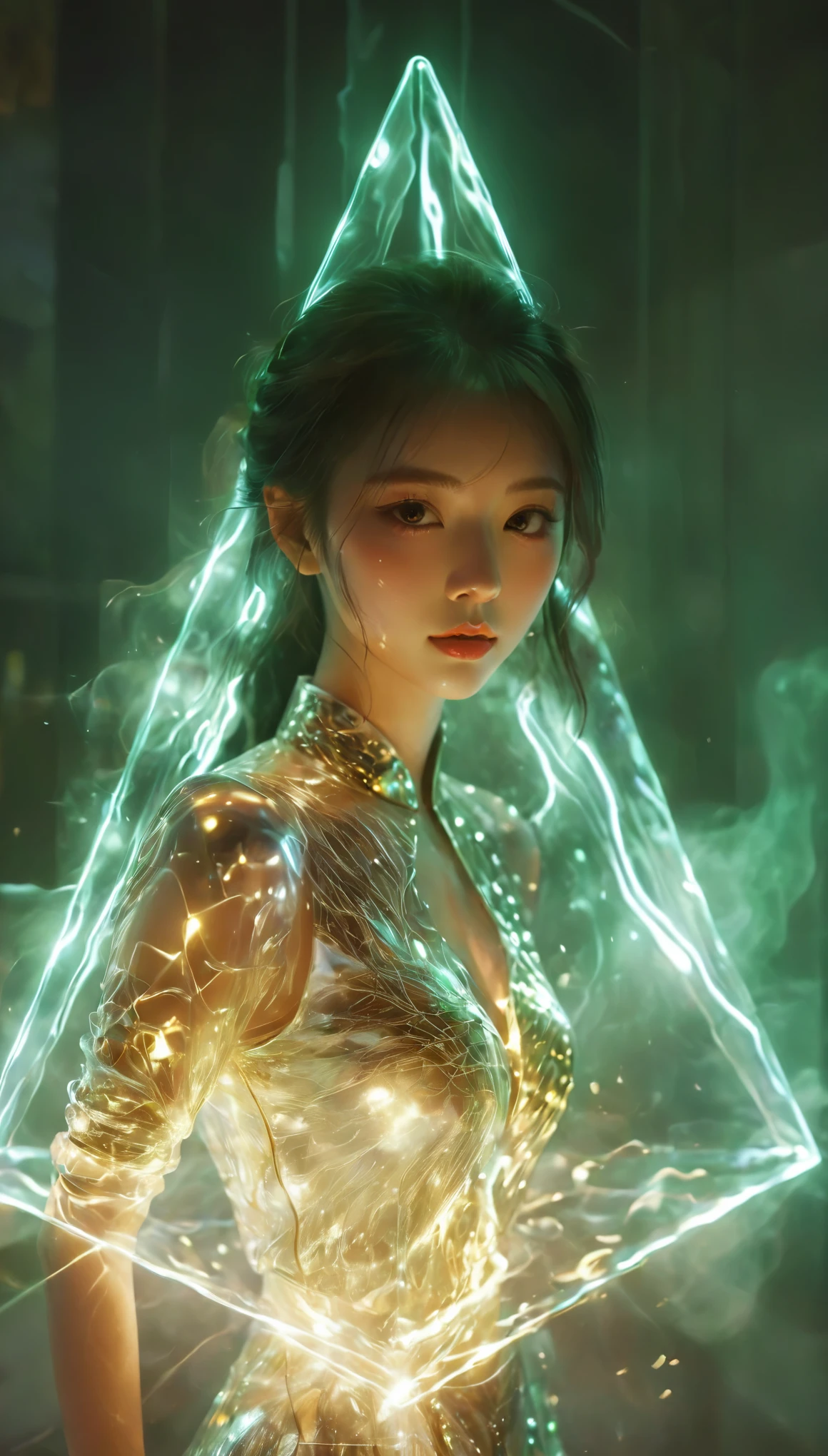 1girl,beautiful,blingbling,Motion blurred,triangle,Movie-level lighting effects,close up,detailed face,jade