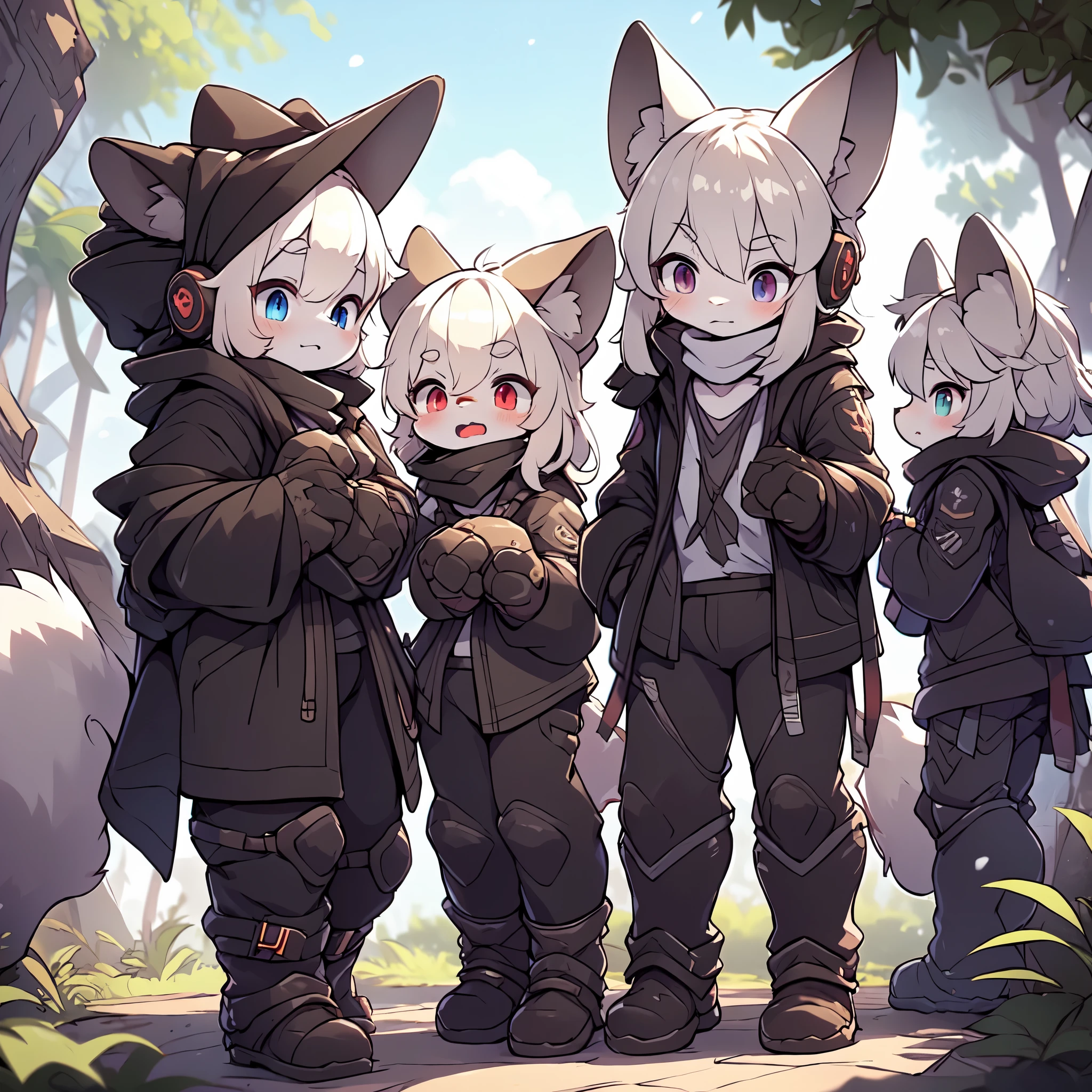 Kawaii, Striped Fluffy Fox, emaciated, long hair, 3girls, forest with snowing, artificial synthetic skin, life support prosthetics, digital headphones, black tight latex bodysuit, white long dress, thigh-high-socks, shorts, loose off-the-shoulder hood open jacket, holsters in thigh, Mechanical boots, tactical knee pads, tactical belted loose Arm Sleeves, division, cybernetic Display gloves, chest rigs, tactical belts, blue archive halo, bulletproof goggles on forehead, from Ark nights,