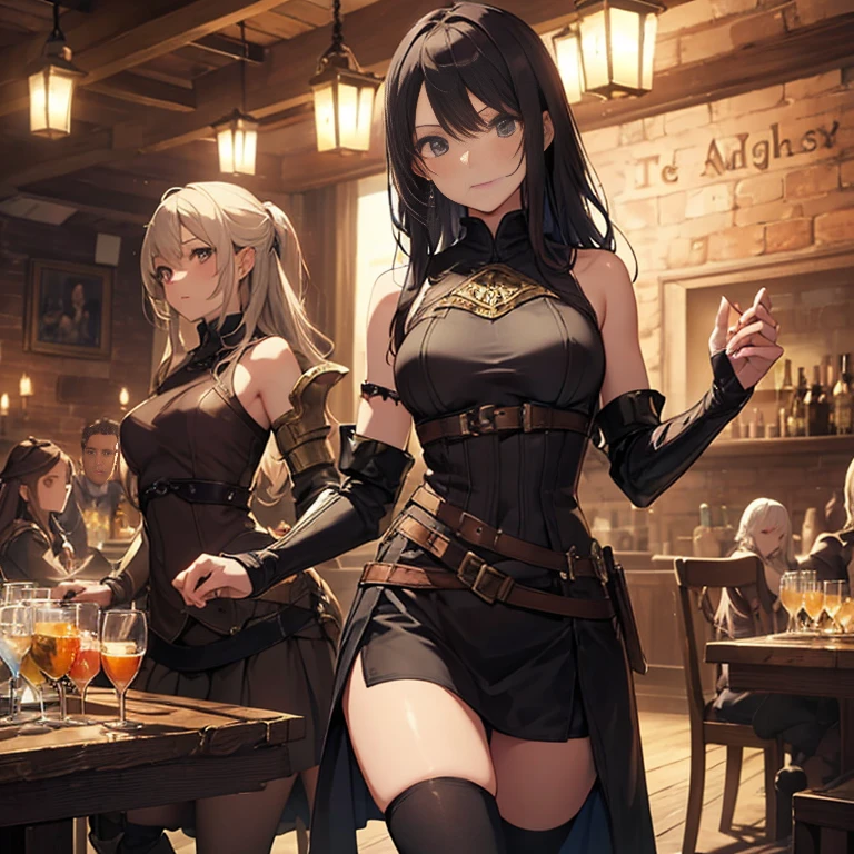 A group of female medieval fantasy adventurers, (in tavern), various hair styles, harem, night, details face, short skirt, seducing, sleeveless, armor