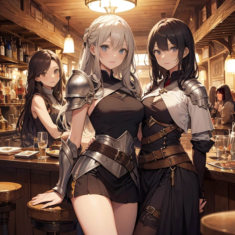 A group of  female medieval fantasy adventurers, (in tavern), various hair styles, harem, night, details face, short skirt, seducing, sleeveless, armor