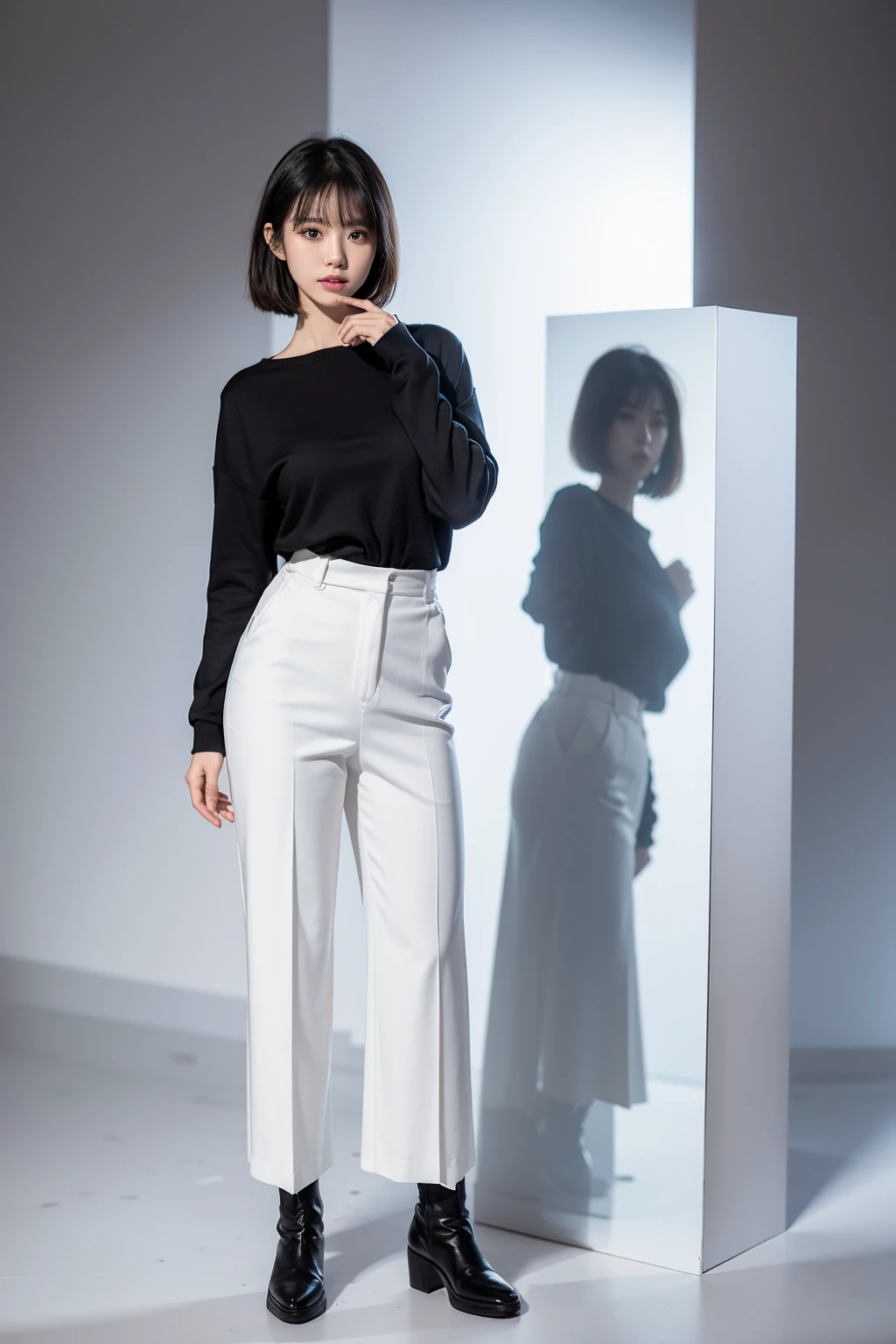 (((full body, standing, facing viewer, the front body facing directly to the front of camera))), wearing white blouse, wearing black pants, wearing black boots))), japanese lady, huge breast, tall body, slim and fit body,  pale skin, short hair, ((standing)), high quality:1.3, Professional lighting:2.0 realistic:1.2, 4k resolution, detailed skin, masterpiece:1.1, centered image