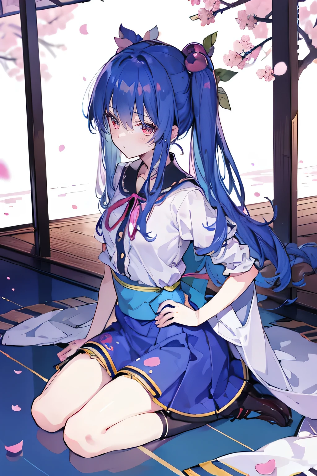 (best quality, masterpiece:1.2), expressive eyes, perfect face, 1 girl, hands on waist, beautiful, gorgeous, Japanese animation, Lola, Hinamori Angel, blue hair, floating clothes, waist grab, waist grab, hands on hips, sitting, sitting on the ground, legs on the ground, flat-chested, falling petals, sitting in a pavilion, pavilion.