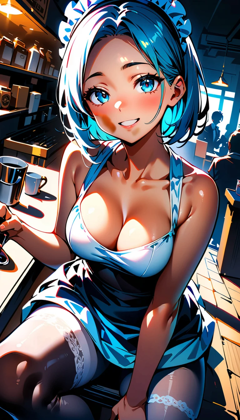 (high quality, 8k, 4K, High Contrast, masterpiece:1.2, 最high quality, Best aesthetics), , Maid, Very detailed, Seductive and erotic girl with lace headdress, smile, (Normal milk, Silver fur), Focus on the face, Focus on the face, Complex eyes, tights, laced tights, coffee shop, Ground angle shot, Viewer looking up, feet in tights, Open-chested clothing