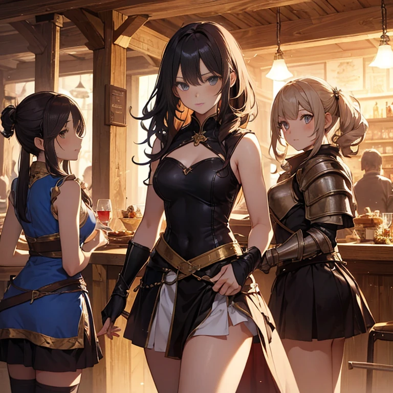 A group of female medieval fantasy adventurers, (in tavern), various hair styles, harem, night, details face, short skirt, seducing, sleeveless, armor