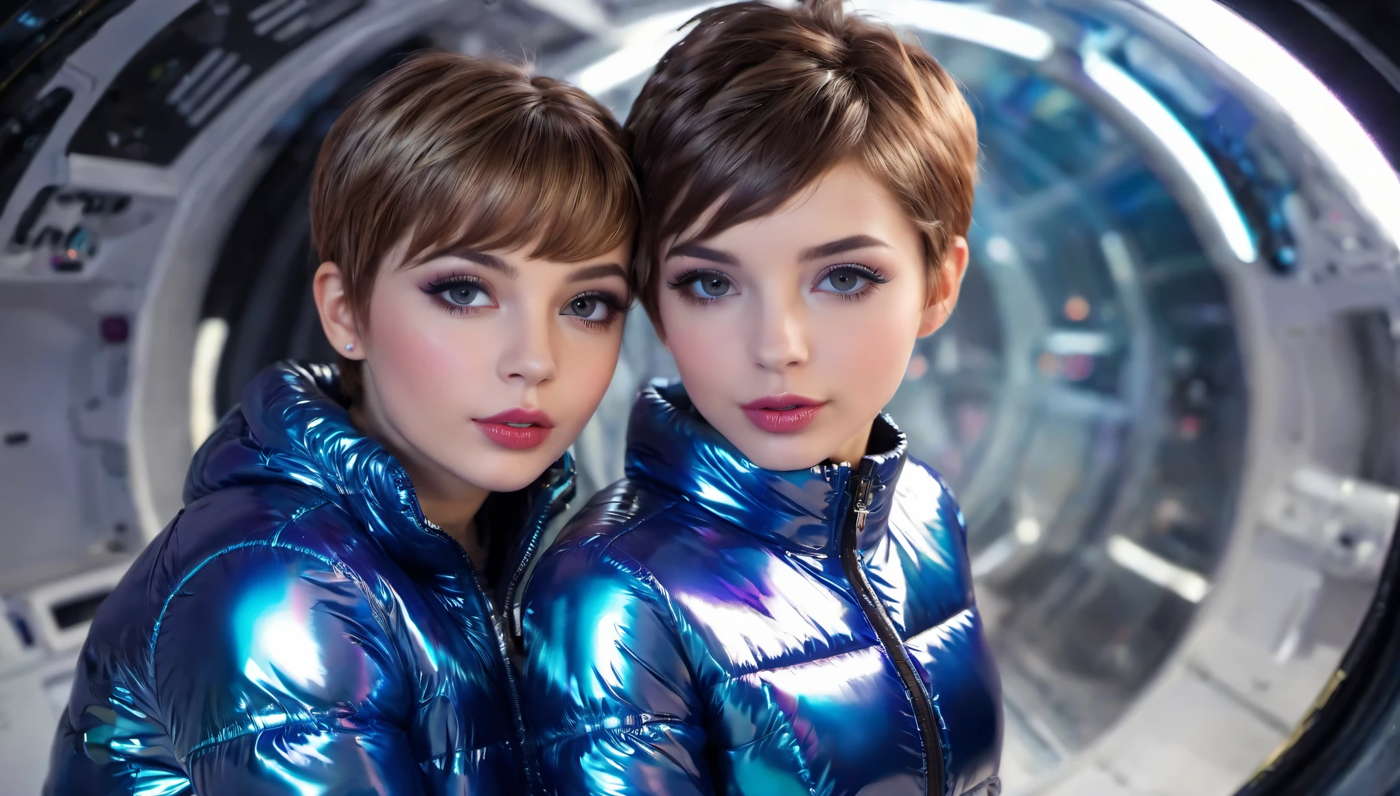 Masterpiece, Best Quality, ((two cute girls in open shiny puffer, no makeup, small perky breasts, extremely detailed face, beautiful detailed eyes, beautiful detailed lips, short colored pixie hair, small hips, fearfull expression, enticing, in a spaceship))