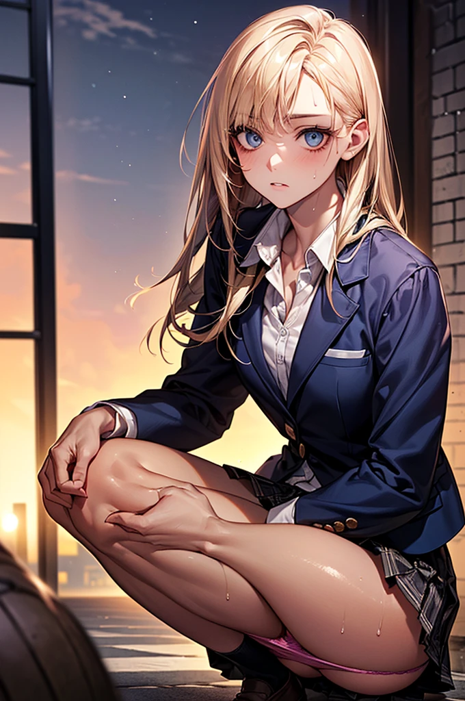 (((night,真night中))),((Dark atmosphere)),((Perfect Anatomy:1.2,Realistic:1.3,Raw photo:1.3,masterpiece、highest quality、Ultra - High resolution、High resolution、Extremely detailed CG、8k)),Cowboy Shot,((attractive way to sit)),((((Crouching pose)))),1 female,alone,17 years old、High school girl beautiful girl,Japanese,((Beautiful and exquisite face and eyes:1.2,Big beautiful eyes:1.3,)),(Brighten your eyes),((Beautiful woman))、Blonde,Long Hair,(Center parted hair:1.4,amount),Medium chest,((slim body)),Small Head:1.3,skinny,(Brown Skin:1.4),(Oily skin,Glowing Skin,Shiny skin,Sweat:1.2),(school uniform、Dark blue blazer jacket、Checkered pleated mini skirt),Dirty back alley、Tokyo、((Turn your body forward))、((((show panty)))),(lonely),((Feeling melancholy))、Stick out your crotch、(Apathy)，(Lucky)、((Expressionless))