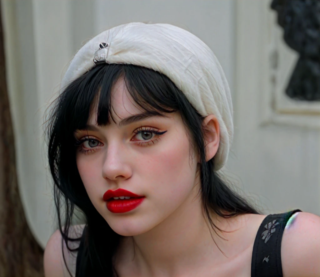 A beautiful teen girl. Make up pale skin, red lips, black hair